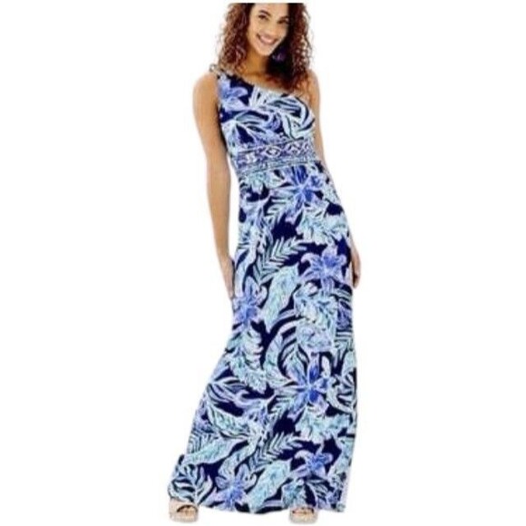 Lilly Pulitzer Dresses & Skirts - Lilly Pulitzer NWT Malia Maxi Dress High Tide Navy Ready Set Gecko Size Large